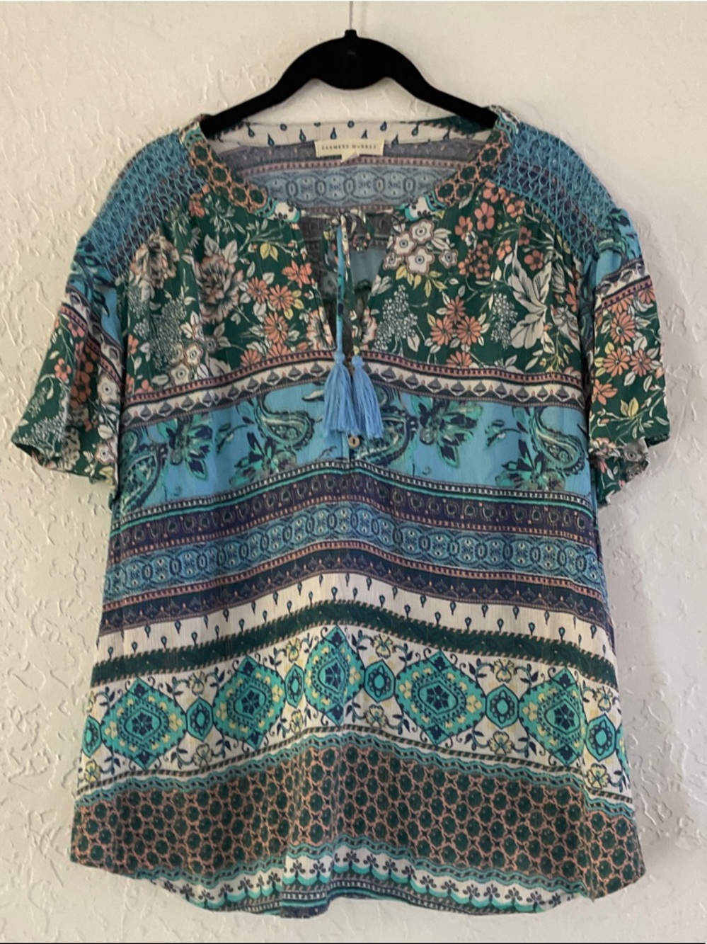 Farmer’s Market Boho Patchwork Floral Short Sleeve Top — Teal Multi